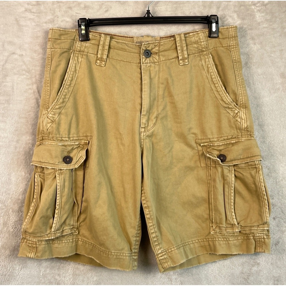 Y2K American Eagle Men's Cargo Shorts 36 / 37 Tan Khaki Classic Length Cotton - Picture 2 of 11